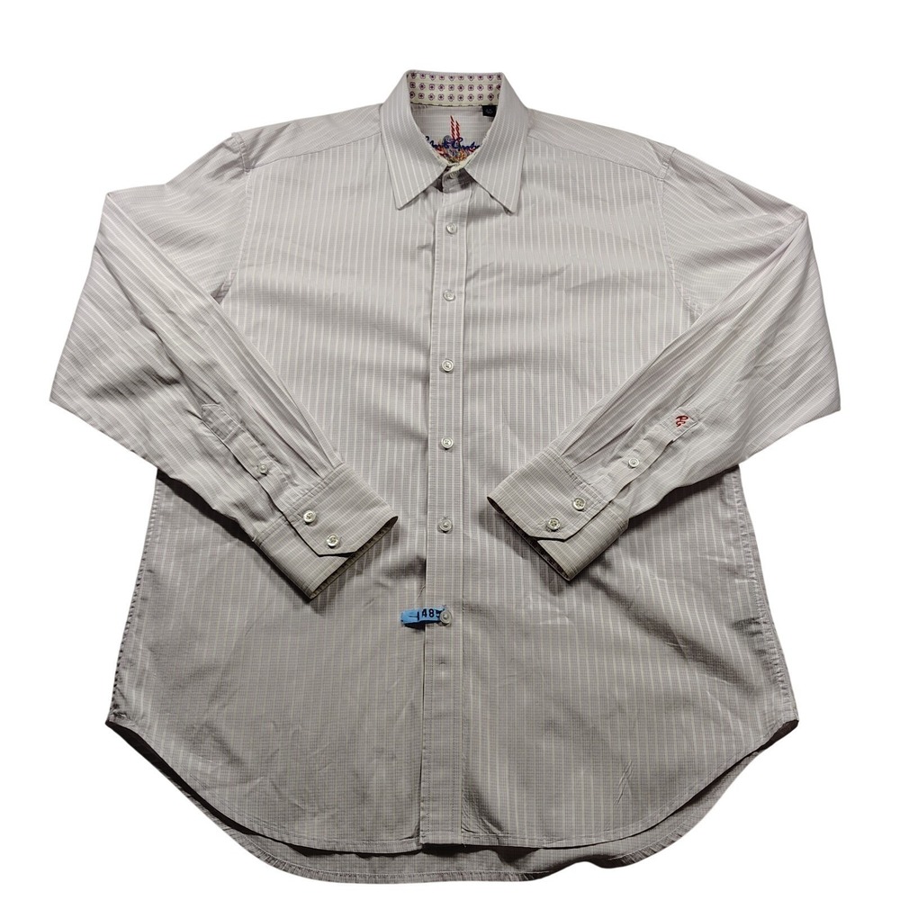 Robert Graham Mens Grey Striped Micro Check Cotton Button Down Shirt Large L/G